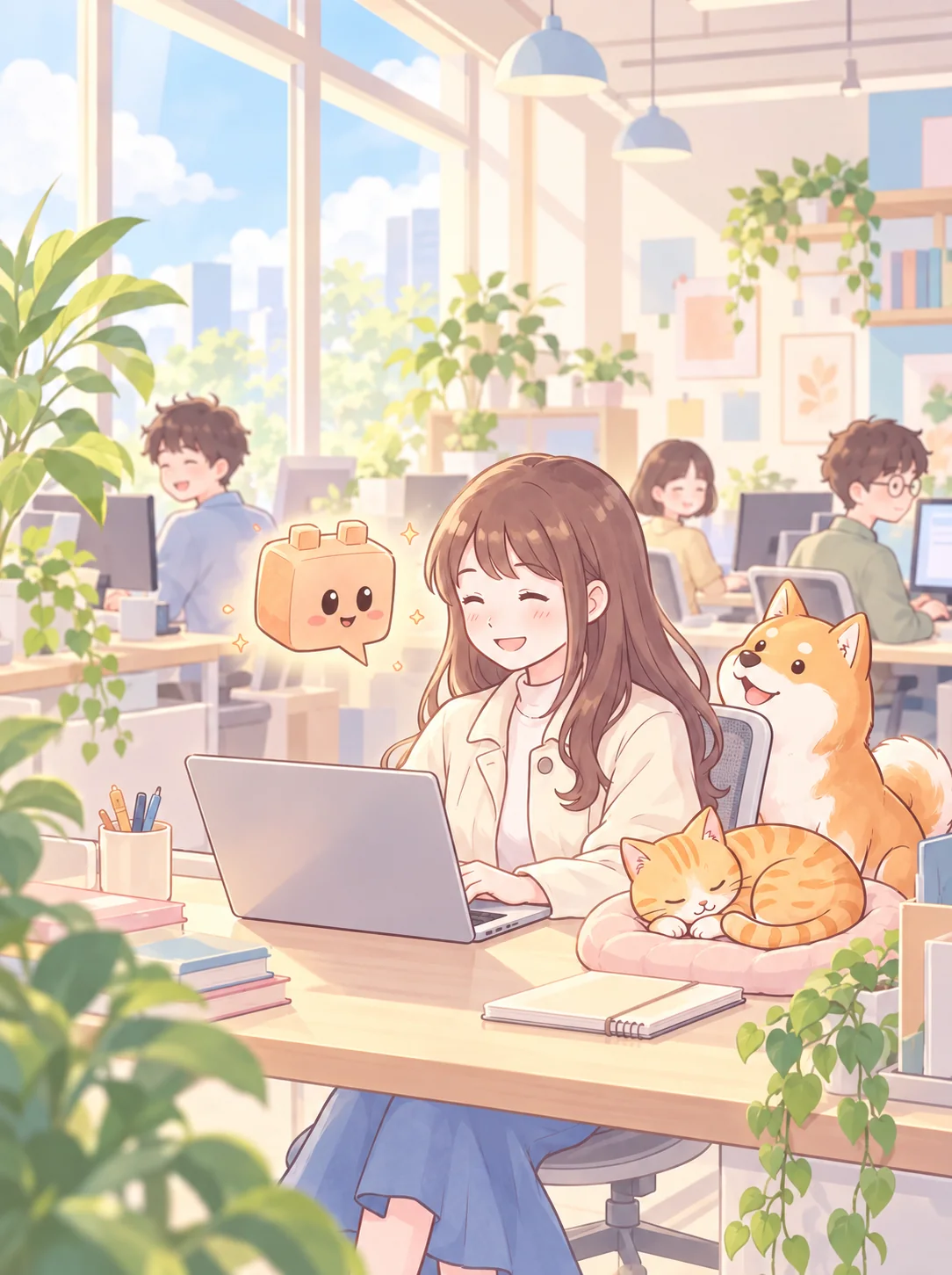 Japanese-style illustration of the Autoic assistant working at a laptop in a bright office with her dog and cat, surrounded by happy coworkers.